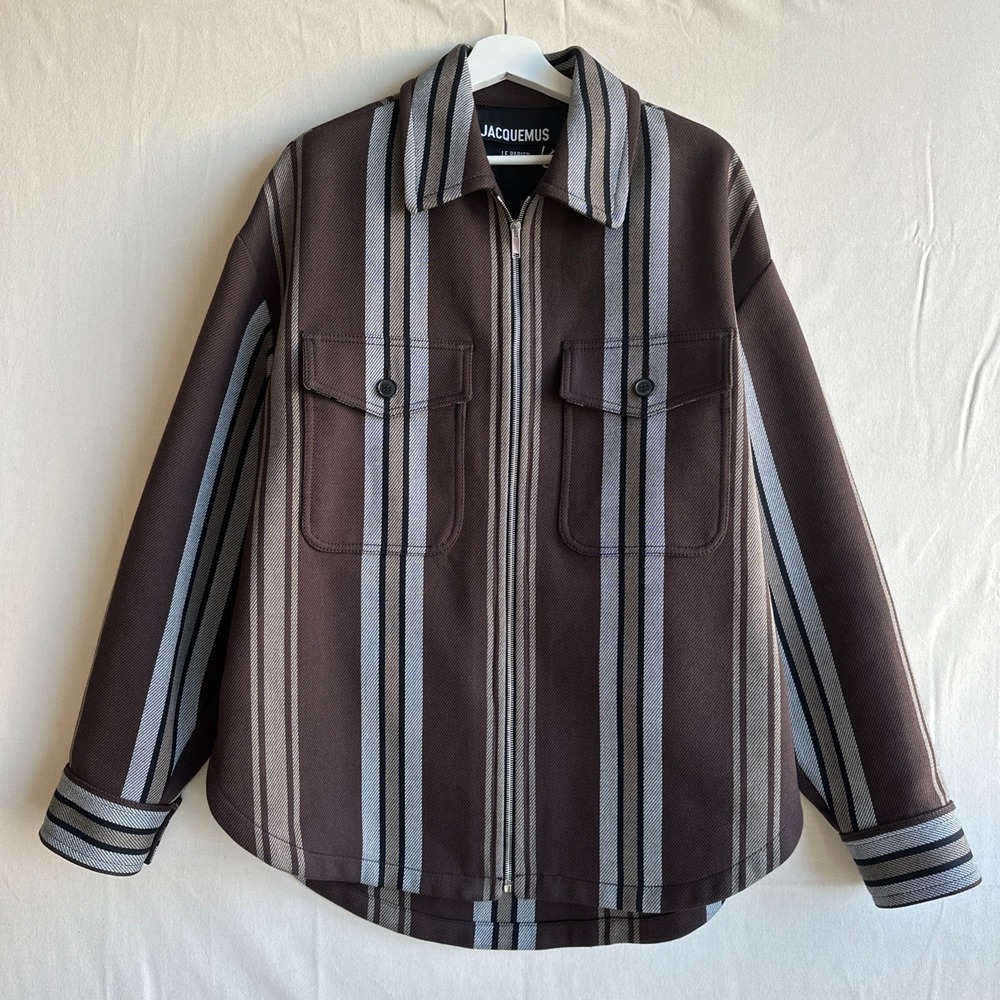 NWT Jacquemus Le Blouson Montagne Striped Zip Up Shirt Jacket Brown Size 48 L
